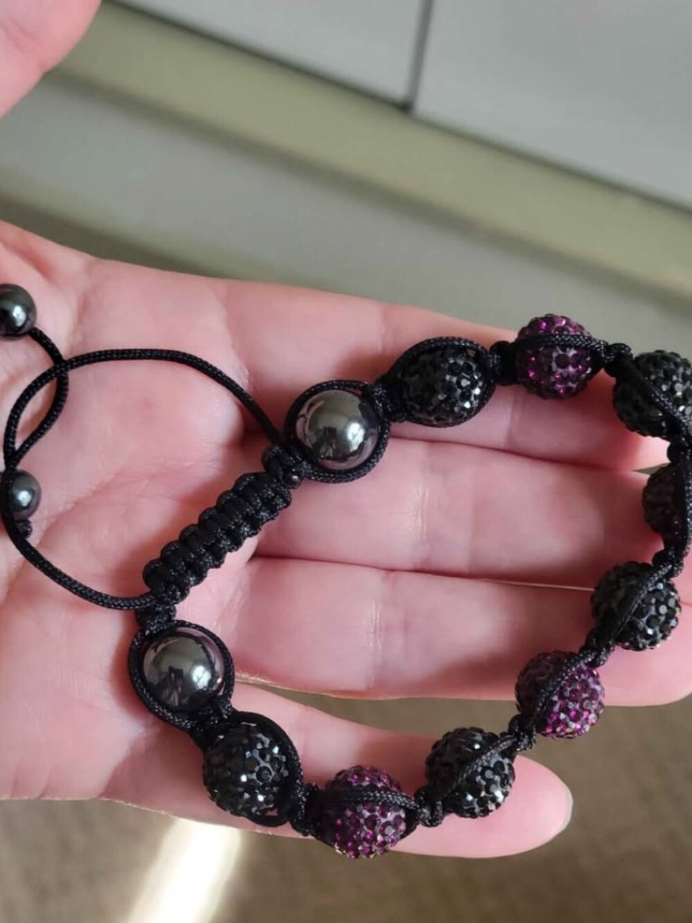 Shamballa-Style Adjustable Bracelet Purple Crystal Pave Beads and Hematite Stone